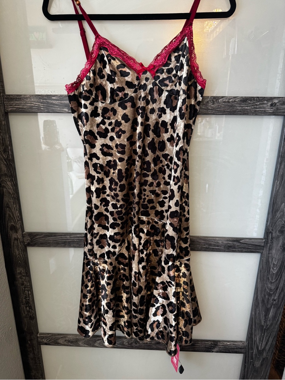 Leopard Print Velvet Slip Dress with Lace Trim Sz large